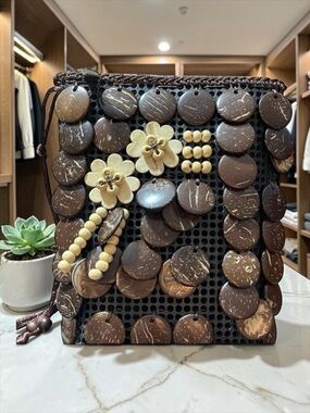 Novica coconut shell Brown Crossbody Bag with Textured Floral Accents luxury NWT